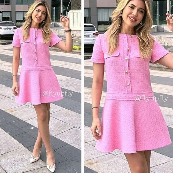 ZARA TEXTURED TWEED DRESS PINK Size M - Picture 2 of 15